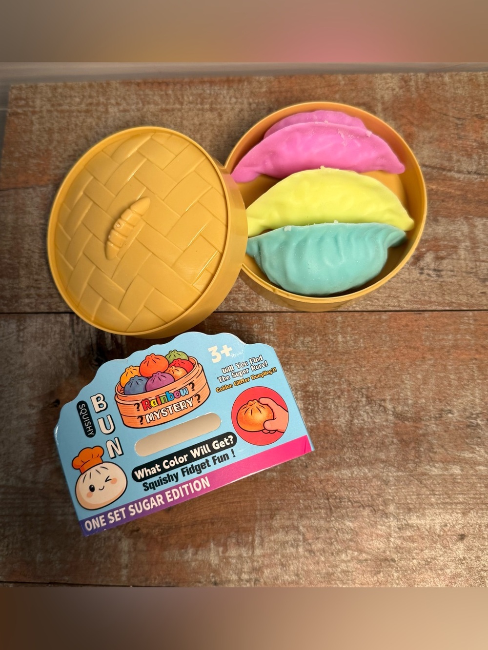 Squishy Fidget Potstickers Toy Set - Rainbow Sugar Edition (Pink, Yellow, Teal)